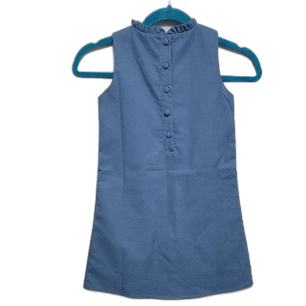 Blue Linen Blend Ruffle Neck Pocket Casual Girls Dress By Southern Smocked Co
